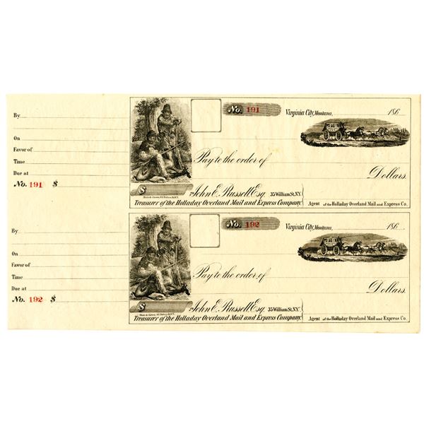 John E. Russell, Esq. Holladay Overland Mail and Express Co., Stage Coach Uncut Check Pair ca. 1860s