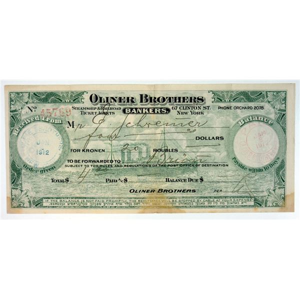 Oliner Brothers. 1912 Receipt.