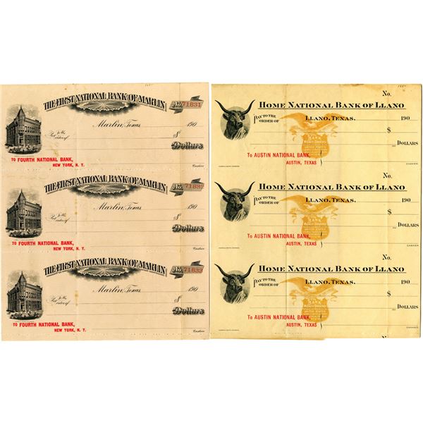 Marlin, Texas and Llano, Texas, ca.1900s, Uncut Proof Checks from Texas Banks,