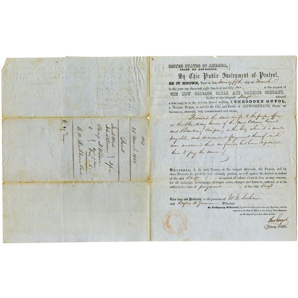 New Orleans Canal and Banking Co., 1851 Notary Public Protest Document