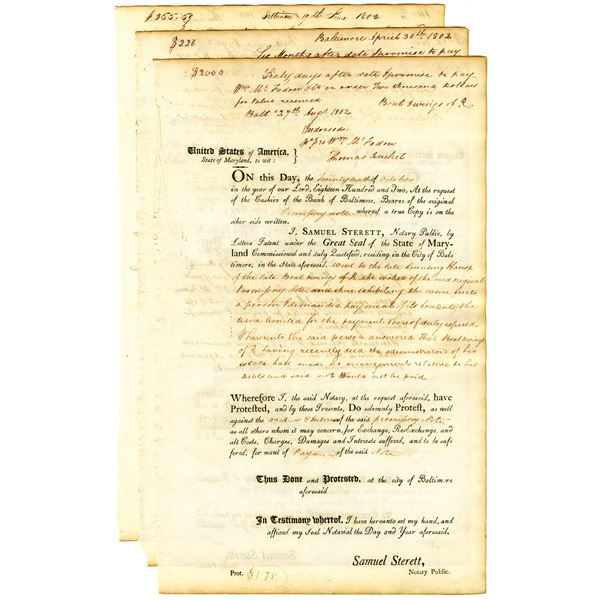 Bank of Baltimore, State of Maryland, 1802 Notary Public Promissory Note Document Assortment