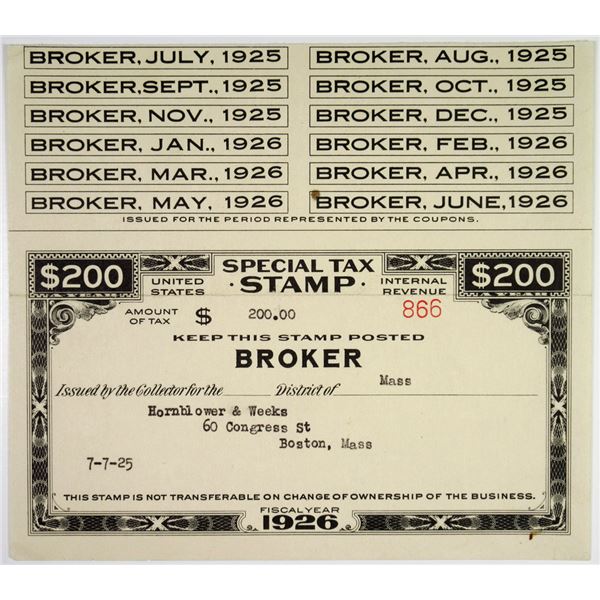 United States Internal Revenue Special Tax Stamp, 1926 for Broker, Issued to Hornblower & Weeks.