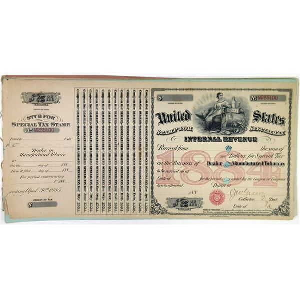 Internal Revenue Special Tax Stamps for Tobacco and Cigar Manufacturing, Liquor Sales, And other Top