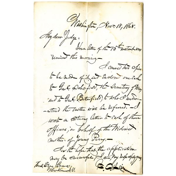 Francis E. Spinner, 1868 Handwritten Letter to a Judge about a Pension Claim for a Widowed Mother of