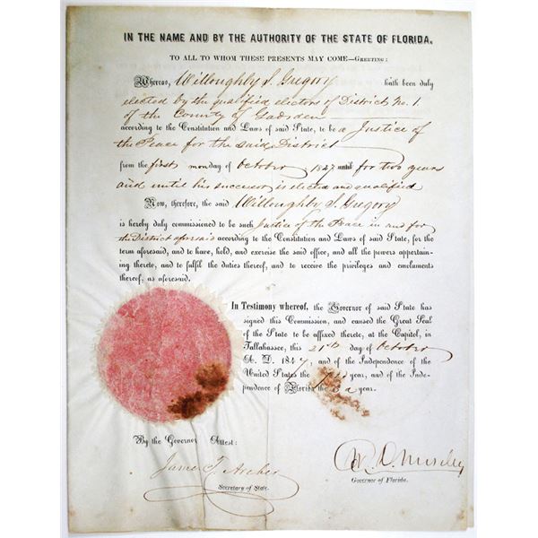 State of Florida, 1847 Justice of the Peace Commission Document Signed by the Governor William Dunn 