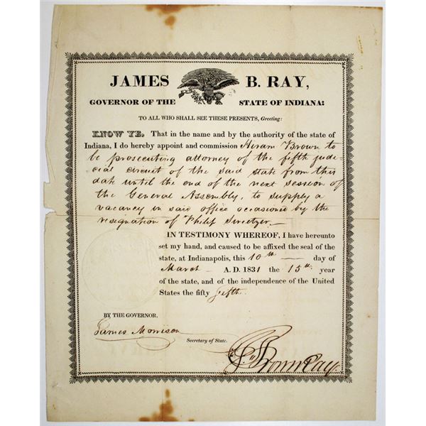 James B. Ray, Governor of Indiana, 1831 Attorney Commission Document with Signature