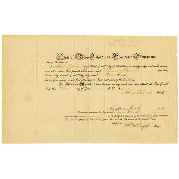 State of Rhode-Island and Providence Plantations 1845 Fire Ward Election Document