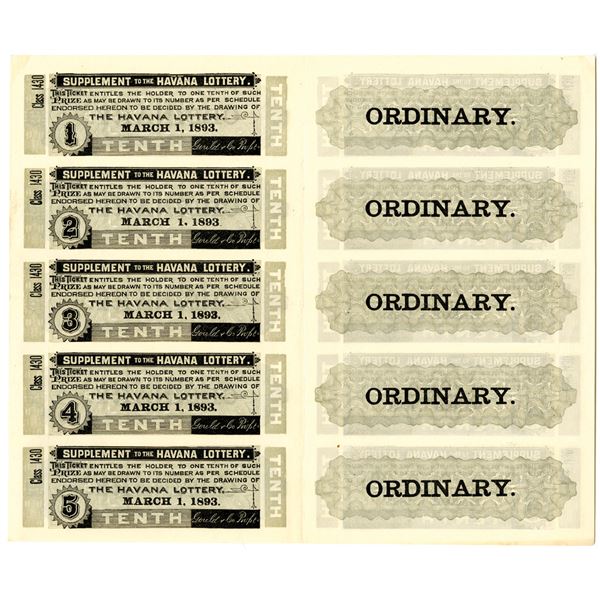 Havana Lottery Ticket Uncut Sheet of 10 Tickets dated 1893.
