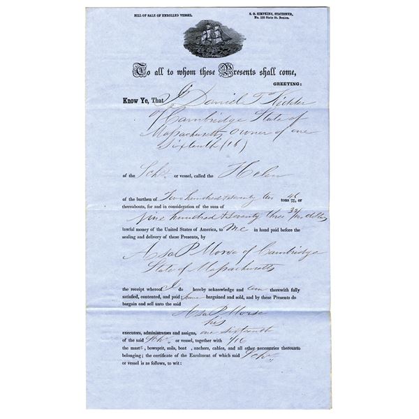 Massachusetts 1855 Partial Share in a Shipping Vessel Bill of Sale