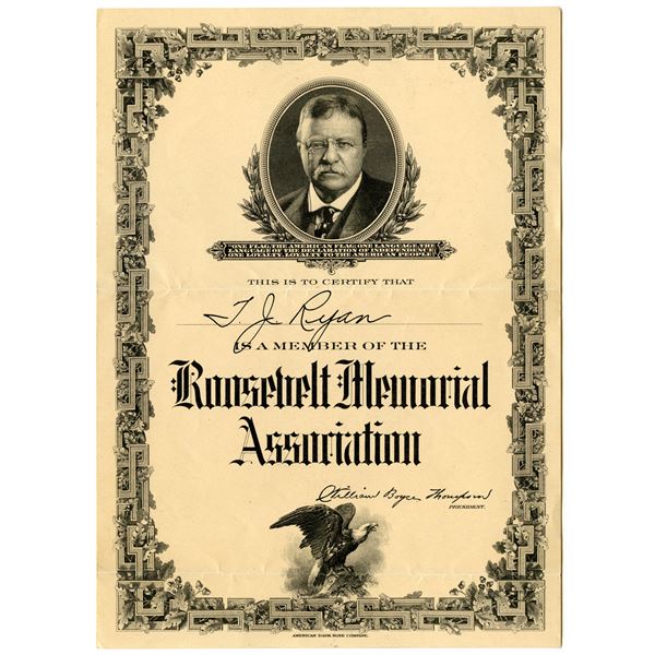 Roosevelt Memorial Association 1919 Issued Membership Certificate