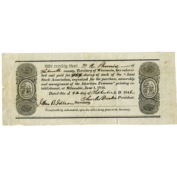 American Freeman, a Prominent Newspaper for the Abolition of Slavery, 1846 I/U Stock Certificate