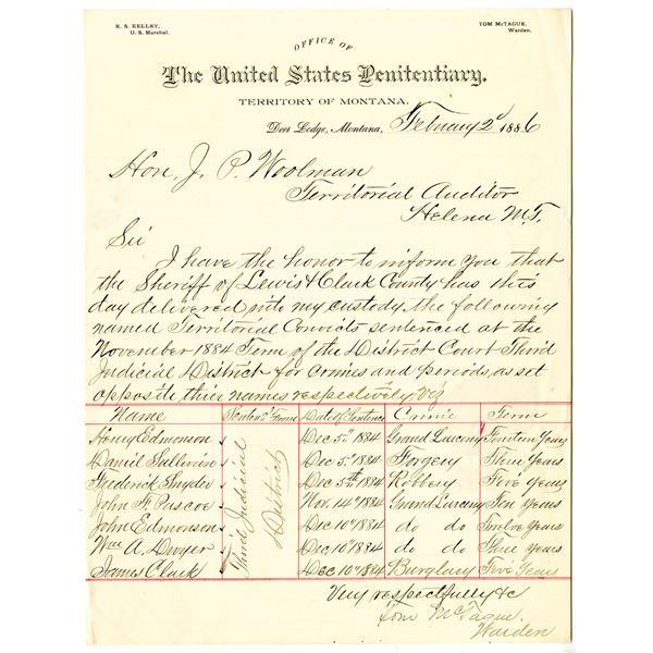 U.S. Penitentiary at Deer Lodge, Montana Territory, 1886 Handwritten Document With List of Convicted