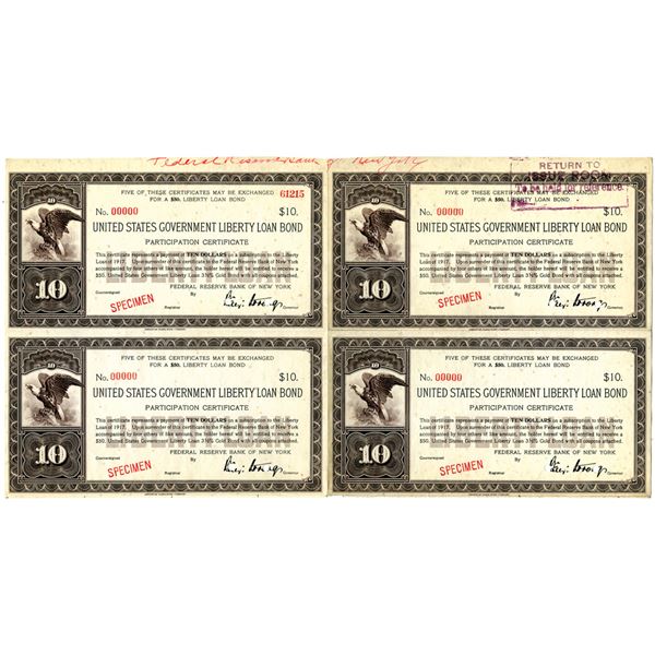 U.S. Government Liberty Loan Bond, 1917 Specimen 3 1/2% Gold bond Uncut Block of 4 Participation Cer