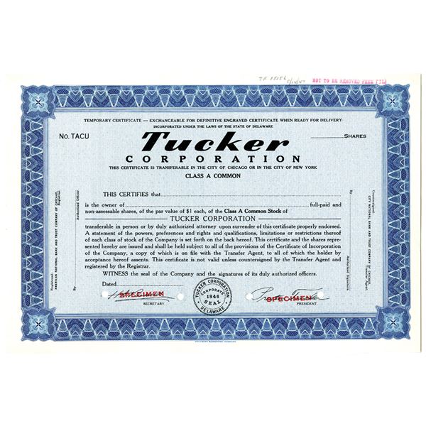 Tucker Corp. 1947 Specimen Stock Certificate