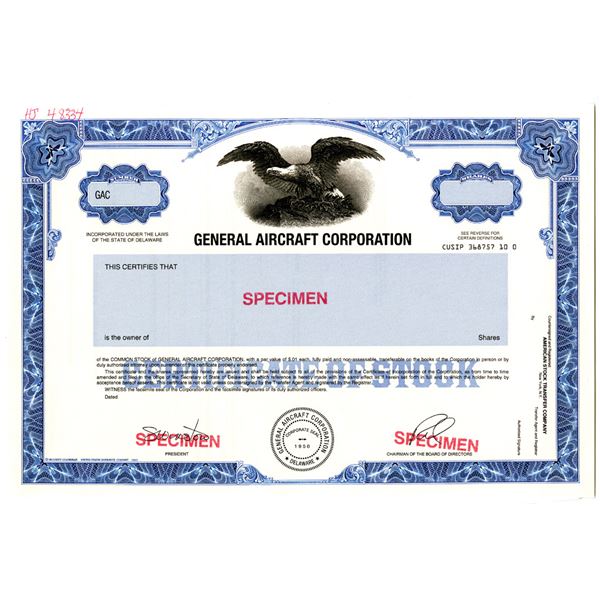 General Aircraft Corp., ca.1970-80's Specimen Stock Certificate
