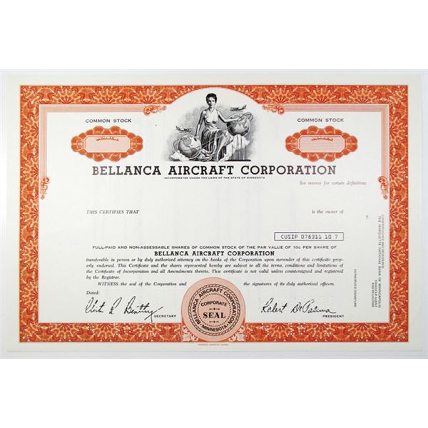 Bellanca Aircraft Corp. 1972 Specimen Stock Certificate