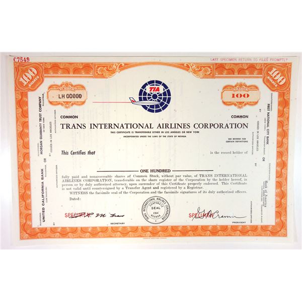 Trans International Airlines Corp 1964 Specimen Stock Cert 100 Shrs XF ABN, Kirk Kerkorian Company.