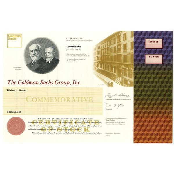 Goldman Sachs Group, Inc., 1998 Commemorative IPO Stock Certificate