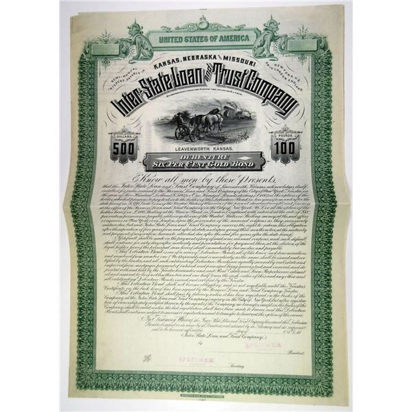 Inter-State Loan & Trust Co., 1880s $500 Specimen 6% Gold Coupon Bond, XF