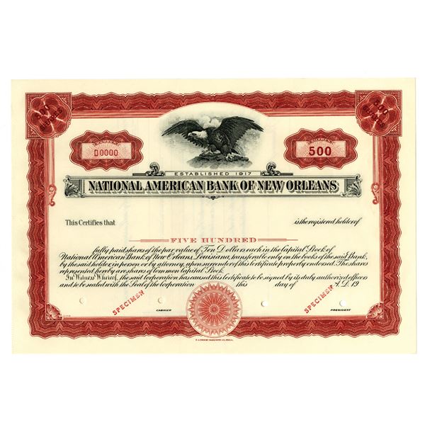 National American Bank of New Orleans, 1920s 500 Shrs Specimen Stock Cert