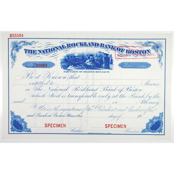 National Rockland Bank of Boston 1900-20 "Santa Claus" Specimen Stock Certificate