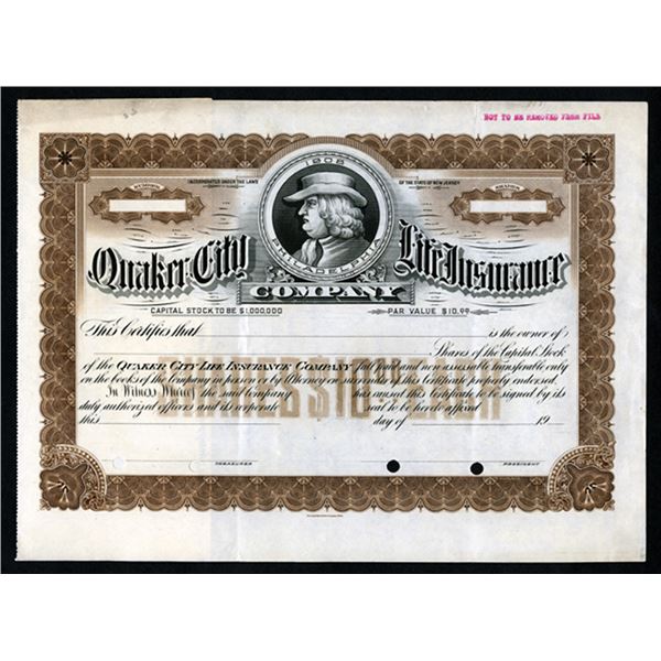 Quaker City Life Insurance Co., ca.1910-20 Specimen Stock Certificate.