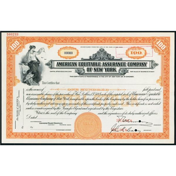 American Equitable Assurance Co., ca.1920-30's Specimen Stock Certificate.