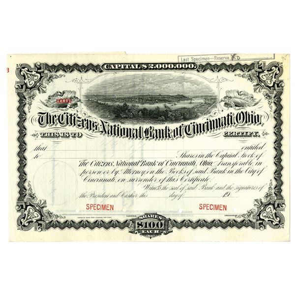 Citizens National Bank of Cincinnati, Ohio, 1900-20 Specimen Stock Certificate