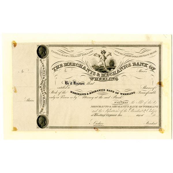 Merchants & Mechanics Bank of Wheeling, 1830's Proof Stock Certificate