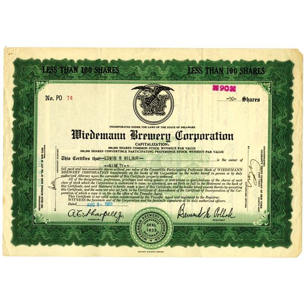 Wiedemann Brewing Corp. 1933 Issued Stock Certificate