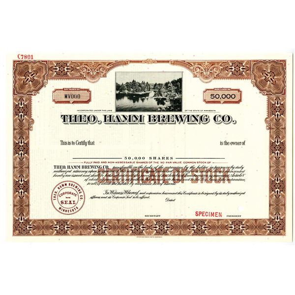 Theo. Hamm Brewing Co., ca.1940-50's, Specimen Stock Certificate.