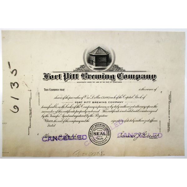 Fort Pitt Brewing Co., ca.1930's Progress Proof Stock Certificate