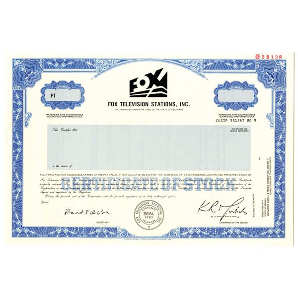 Fox Television Stations, Inc. 1986 Specimen Stock Certificate