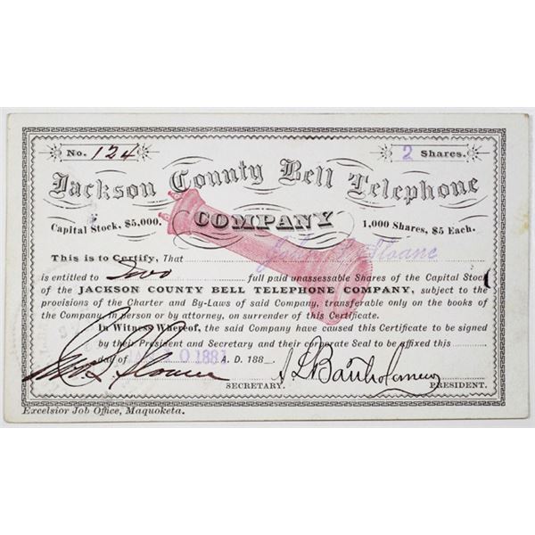 Jackson County Bell Telephone Co. 1881 I/U Stock Certificate