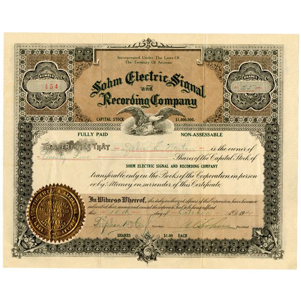 Sohm Electric Signal and Recording Co. 1911 I/U Stock Certificate