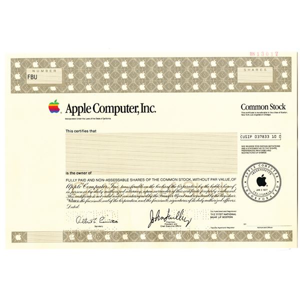 Apple Computer, Inc. 1988 Specimen Stock Certificate