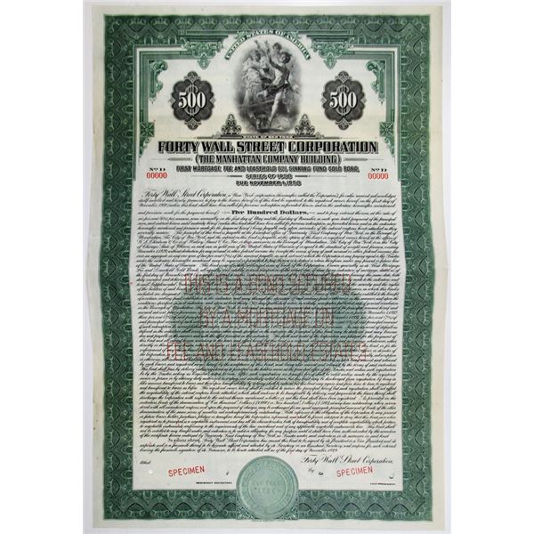 Forty Wall Street Corp. (Manhattan Co. Building) 1929 Specimen Bond