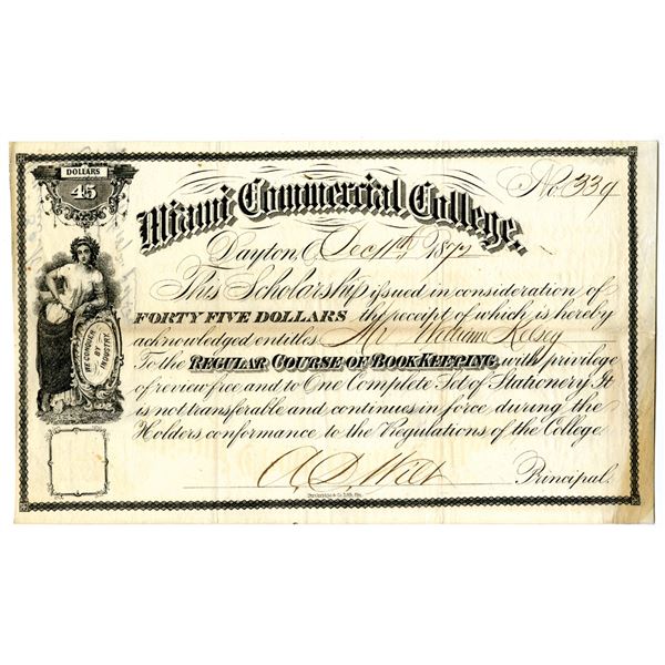 Miami Commercial College, 1872 Scholarship Receipt