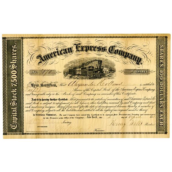 American Express Co. 1858 Issued Stock Certificate Signed by Henry Wells and William Fargo