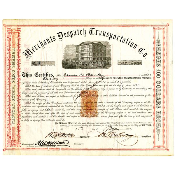 Merchants Dispatch Transportation Co. 1871 I/C Stock Certificate Signed by James C. Fargo with Rare 