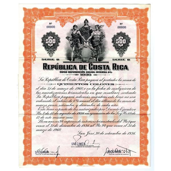 Republica de Costa Rica, 1936 Specimen Bond