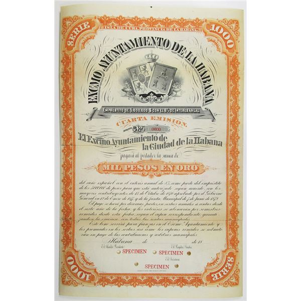 Excmo Ayuntamiento de la Ciudad de la Habana 1879 Specimen Bond