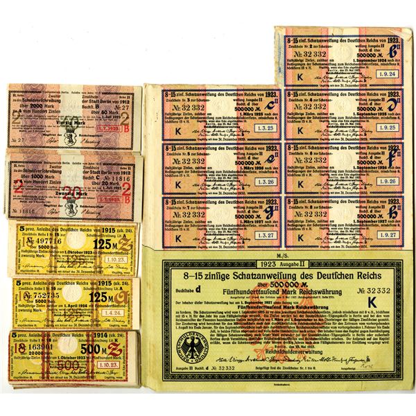 Reichsschuldenverwaltung, German Bond and Coupon Assortment, 1923