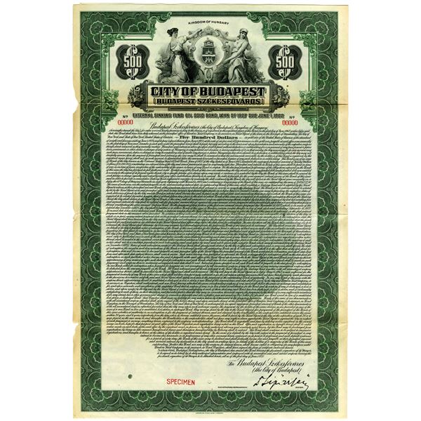 City of Budapest, 1927 Specimen Bond