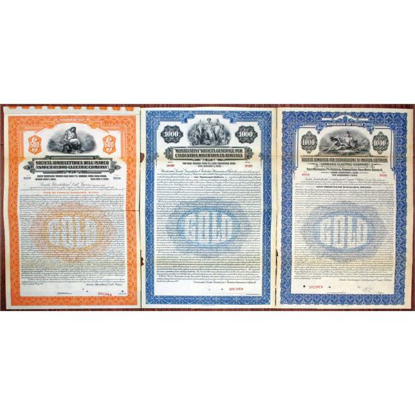 Italian Agricultural and Utility Specimen Bond Trio, ca.1926-27