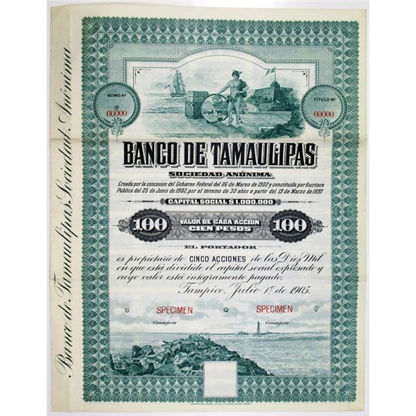 Banco de Tamaulipas, 1905 Specimen Stock Certificate