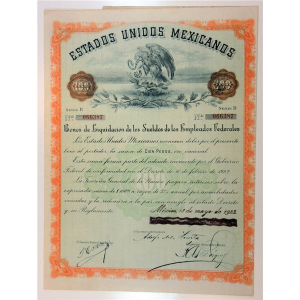 Estados Unidos Mexicanos, Bono De Liquidacion de los Sueldos de los Empleados Federales, 1923 Coupon