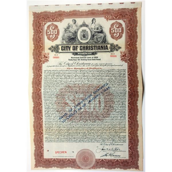 City of Christiania with Overprint "Name Changed to Oslo", 1924 Specimen Bond