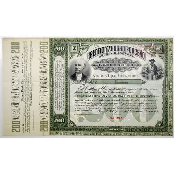 Credito y Ahorro Ponceno 1893 Specimen Stock Bond