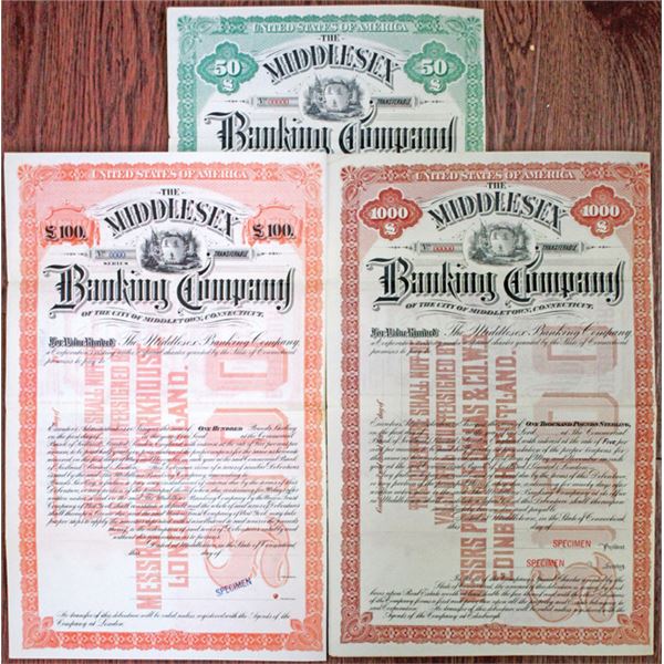 Middlesex Banking Co., ca.1890-1900 Specimen Bond Trio